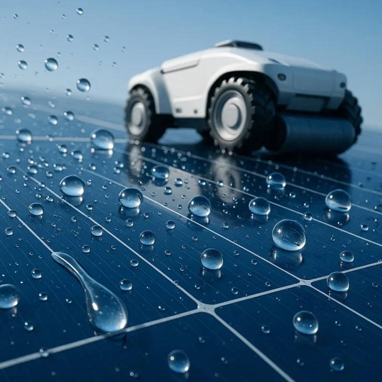 Water beading off a coated solar panel beside a cleaning robot