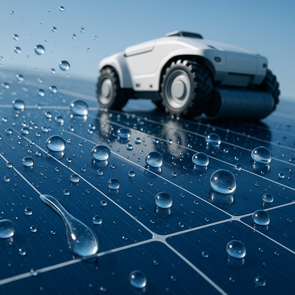 Water beading off a coated solar panel beside a cleaning robot