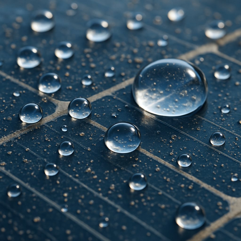 Water droplets beading on a hydrophobic-coated solar panel with dust