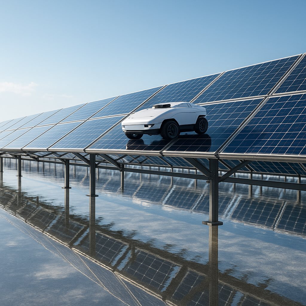 Elevated bifacial solar panels with a cleaning robot on top