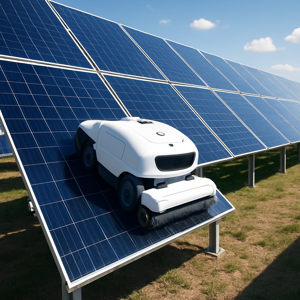 Autonomous robot cleaning a large bifacial solar array