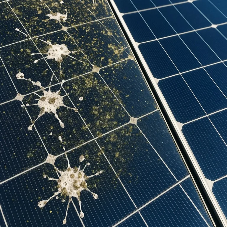 Solar panel half covered with bird droppings and pollen next to a clean section