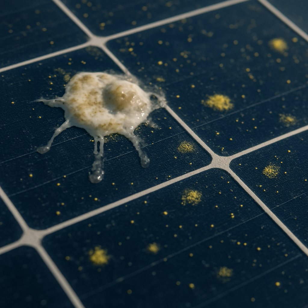 Macro of a solar panel with sticky bird droppings and pollen creating shaded spots