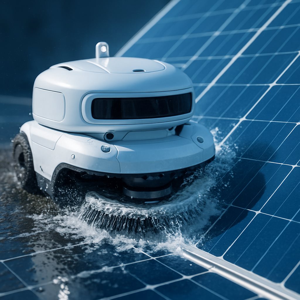 Water-based cleaning robot scrubbing stubborn grime off a solar panel