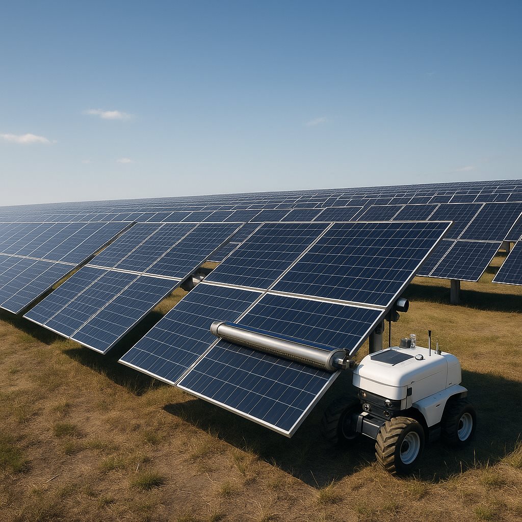 Single-axis tracker solar farm with a cleaning robot at work