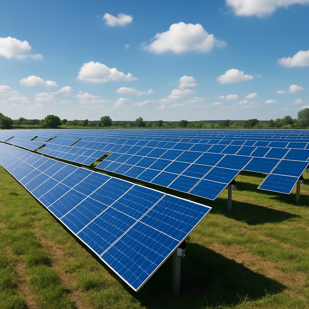 Rows of tilted single-axis tracker solar panels across a field