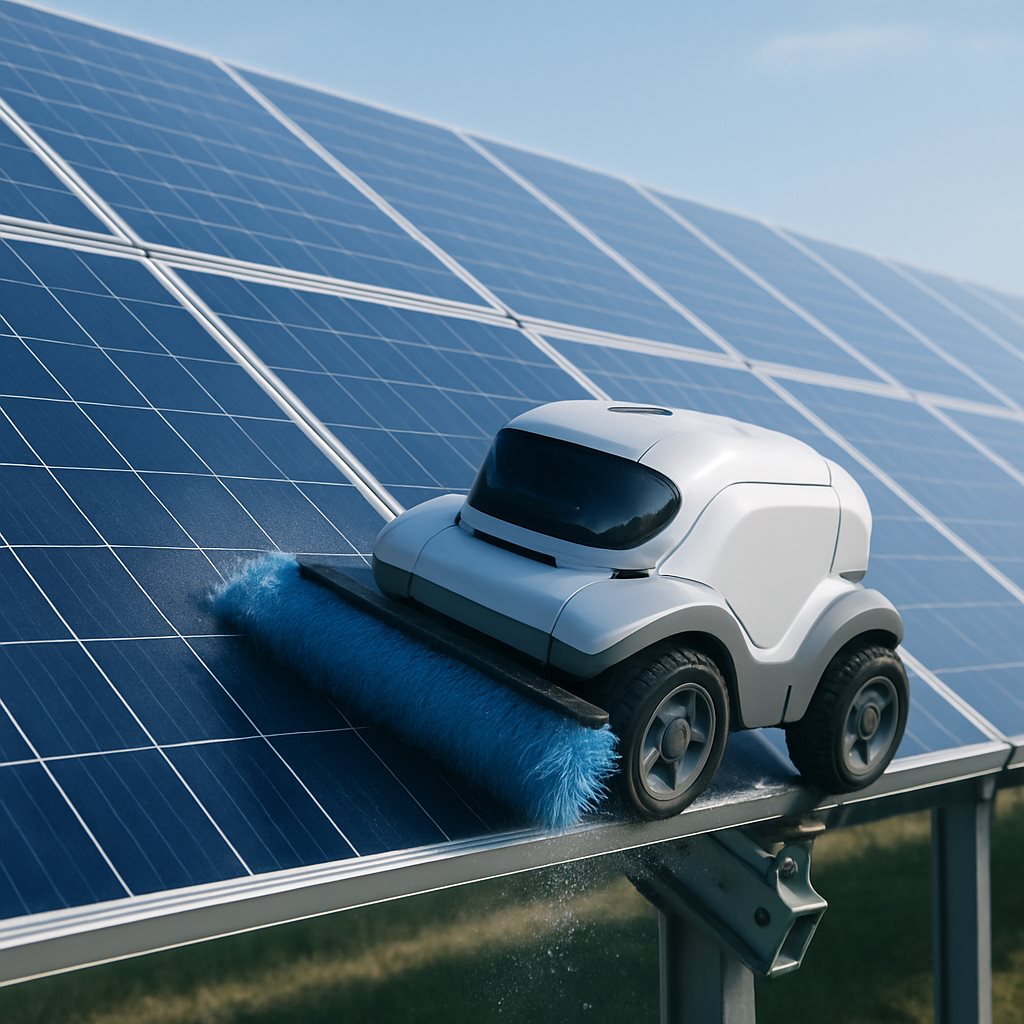 Autonomous robot cleaning tilted tracker-mounted solar panels