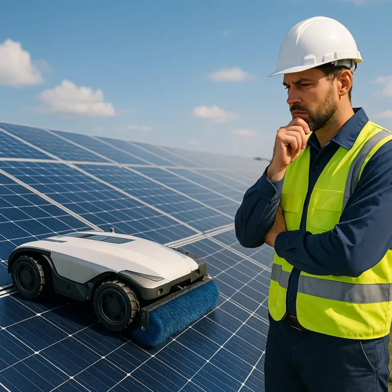 Solar operator evaluating an autonomous solar cleaning robot on a panel array