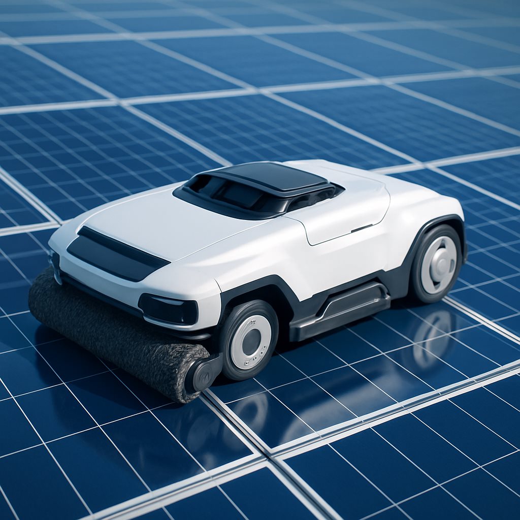 Close-up of a sleek autonomous solar cleaning robot on pristine panels