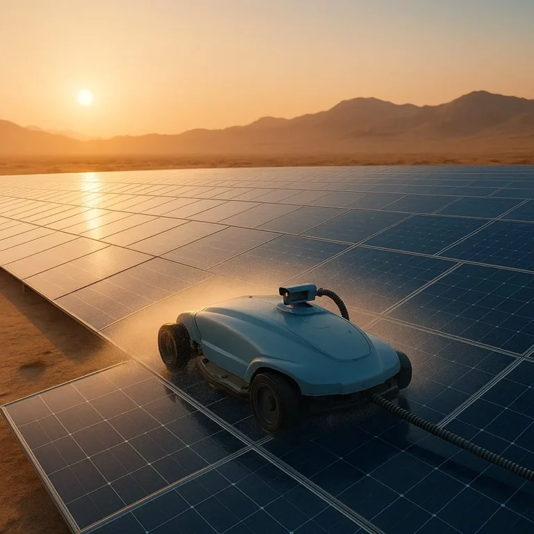 Water-powered solar panel cleaning robot on a ground-mounted PV array at dawn