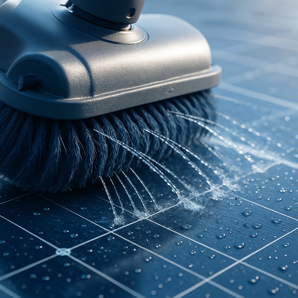 Close-up of a hydraulic solar panel cleaning robot scrubbing a PV module with water jets