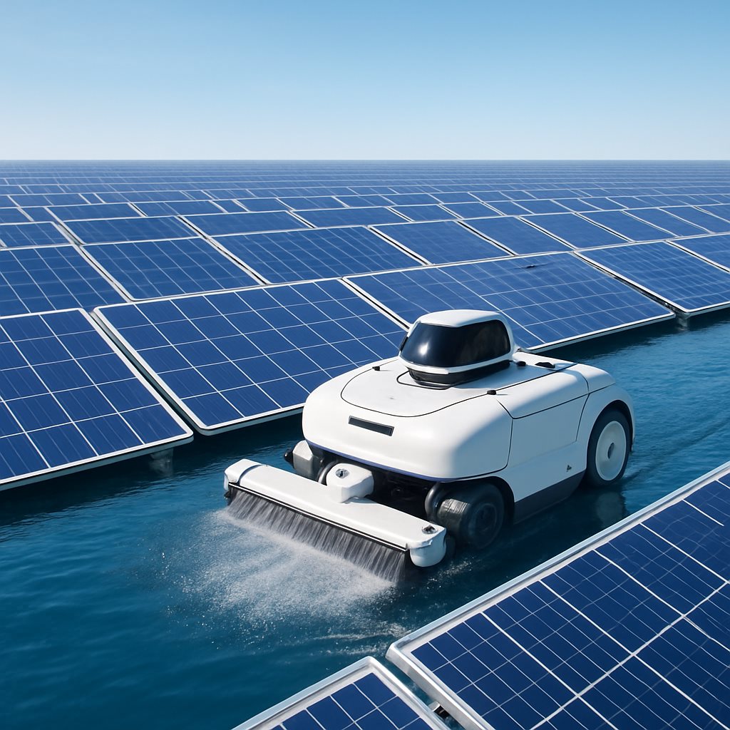 Autonomous cleaning robot working on a floating solar installation