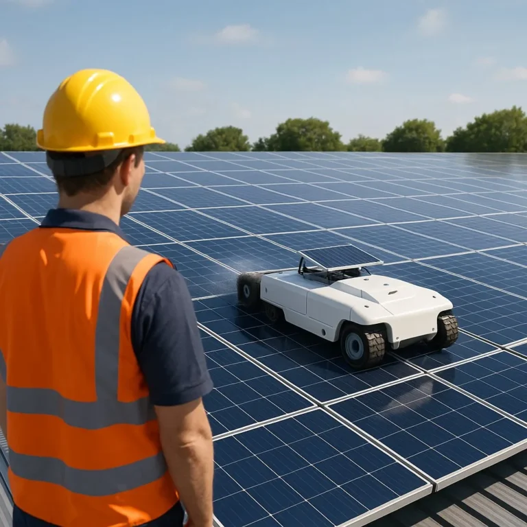 Autonomous solar cleaning robot on a rooftop while a technician watches from the ground