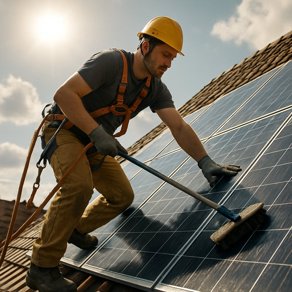 Worker manually cleaning solar panels while harnessed on a steep rooftop