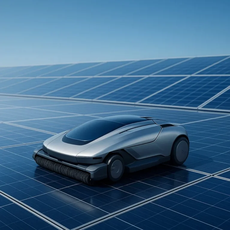 Rail-free autonomous solar cleaning robot moving across a solar panel array