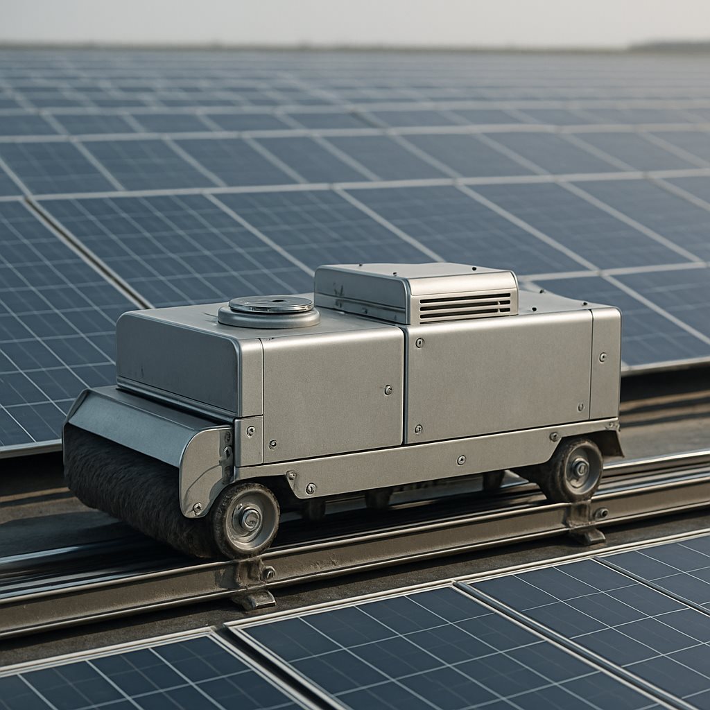Rail-mounted cleaning robot on fixed tracks over solar panel rows