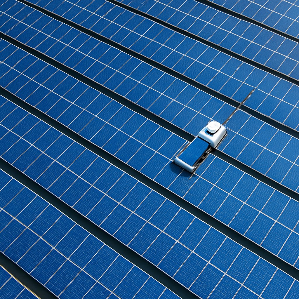 Aerial view of a ground-mounted solar farm with an autonomous cleaning robot