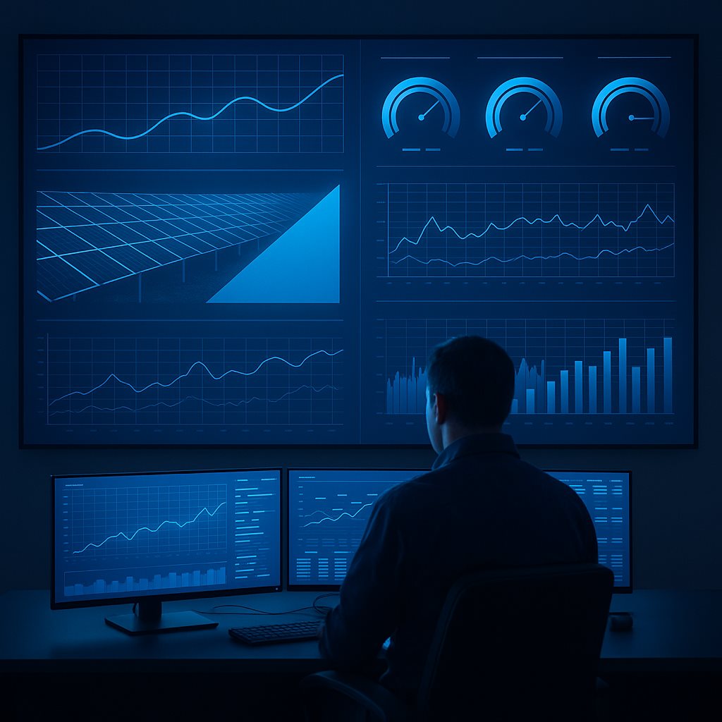 Solar operations control room with a cleaning-performance dashboard on screen