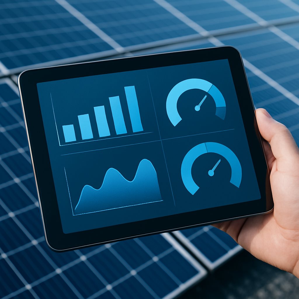 Tablet showing a solar cleaning performance dashboard over a panel array