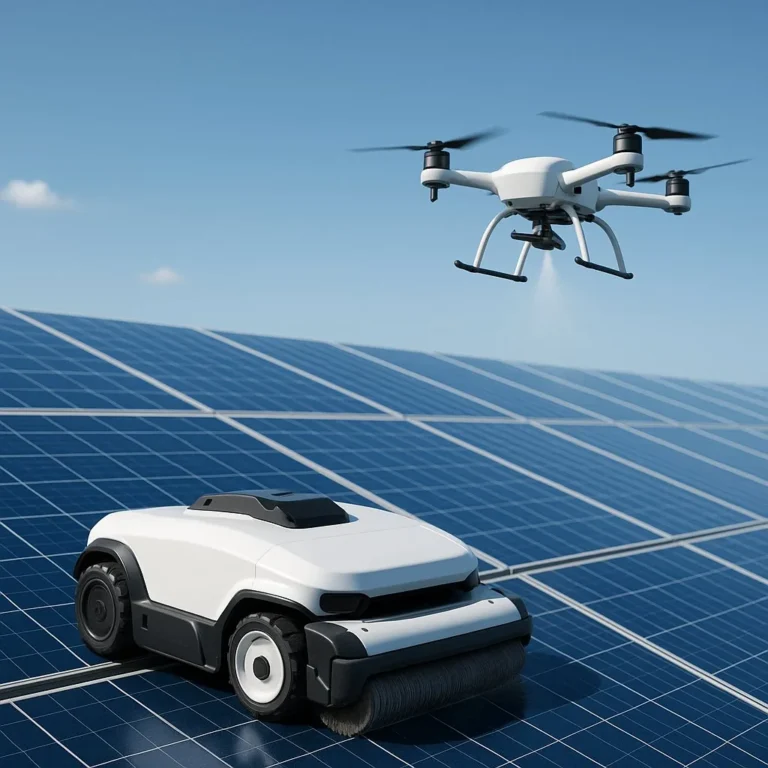 Ground cleaning robot on solar panels with a cleaning drone hovering above