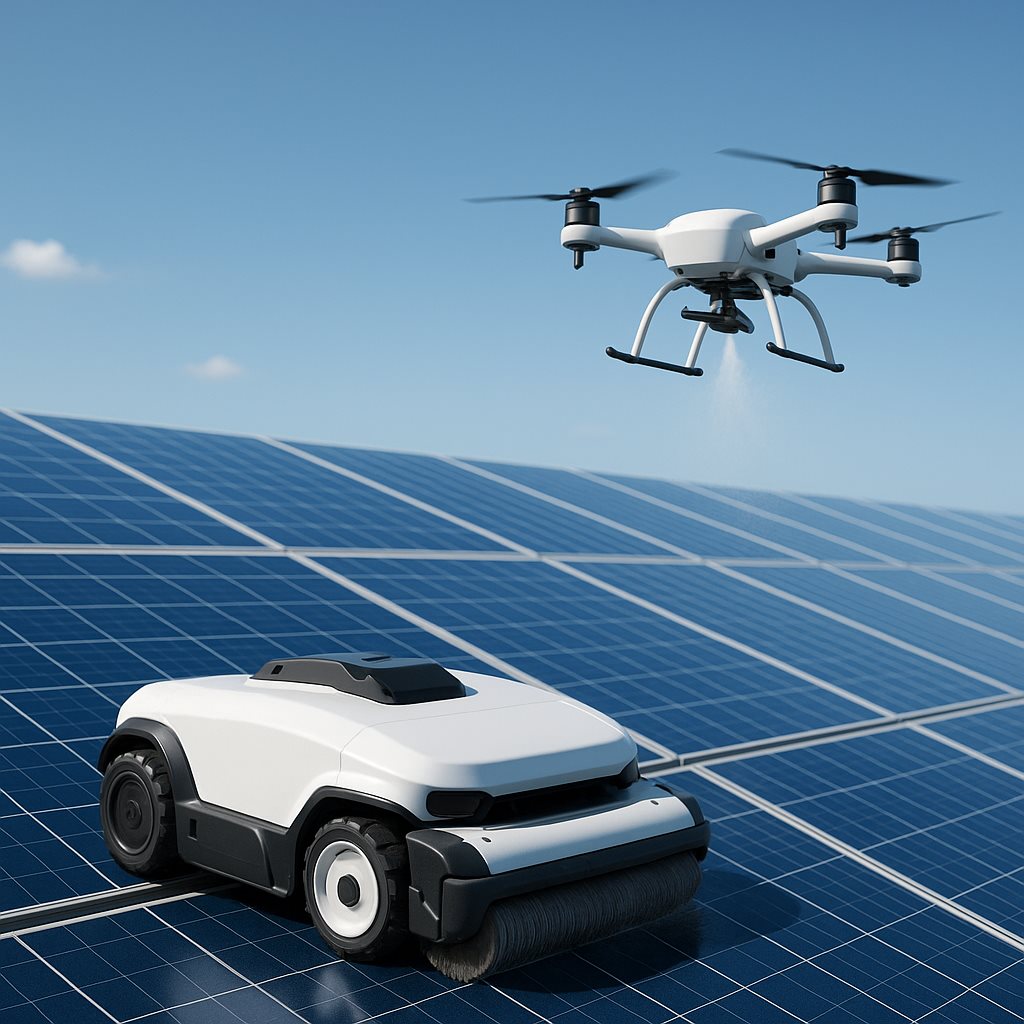 Ground cleaning robot on solar panels with a cleaning drone hovering above