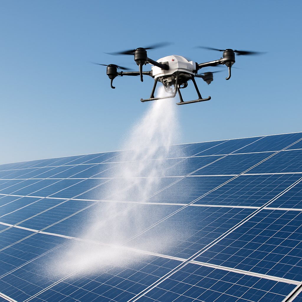 Cleaning drone spraying water over a solar array from the air
