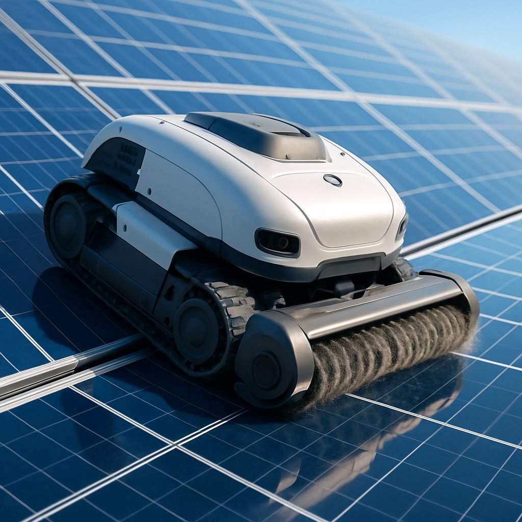Ground robot cleaning solar panels in contact with the glass