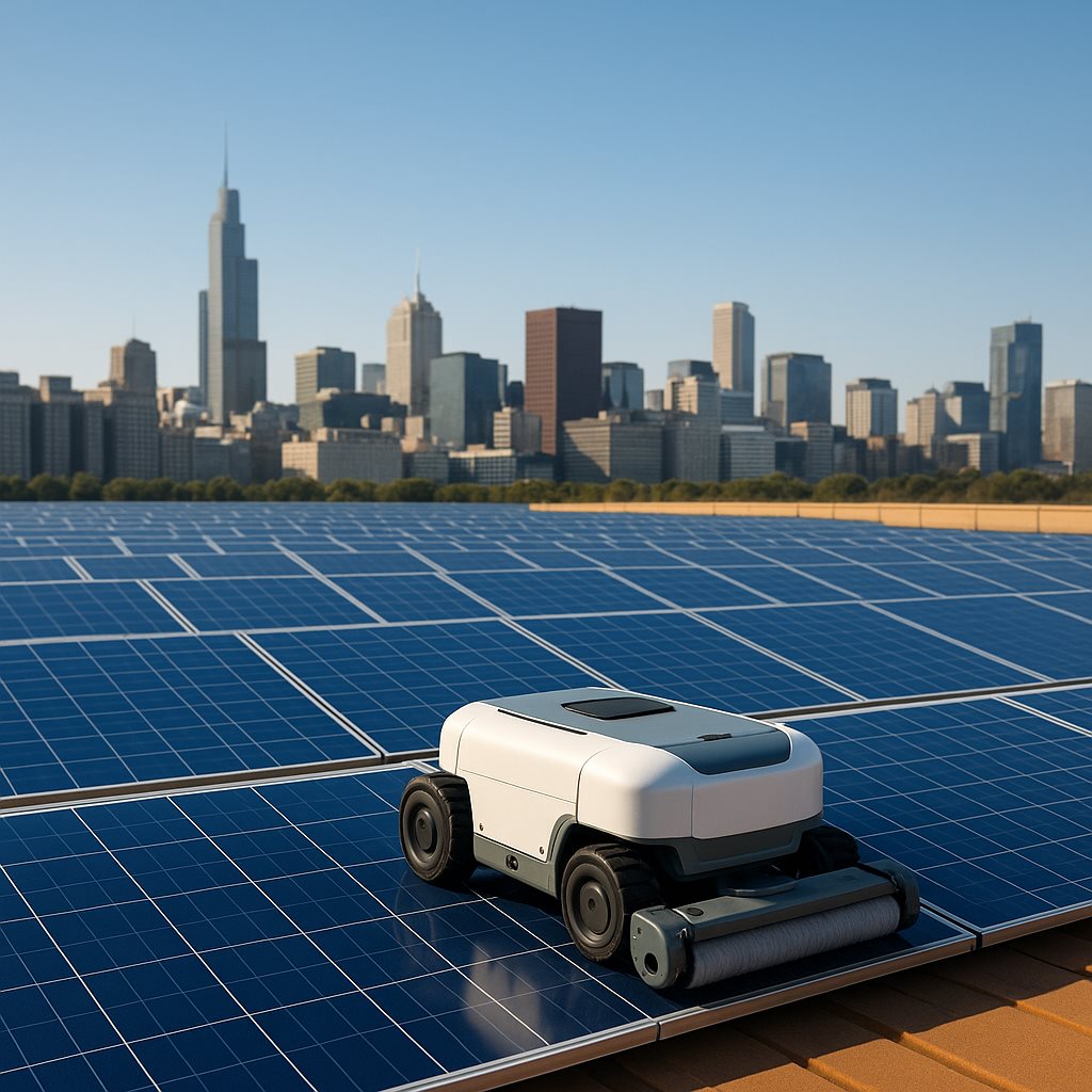 Rooftop solar panel cleaning robot working on a commercial roof array