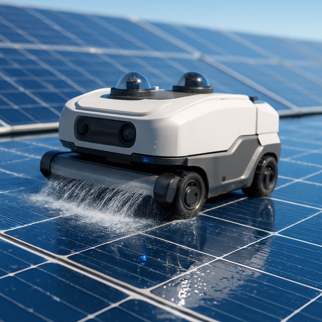 Close-up of an autonomous robot cleaning rooftop solar panels with water