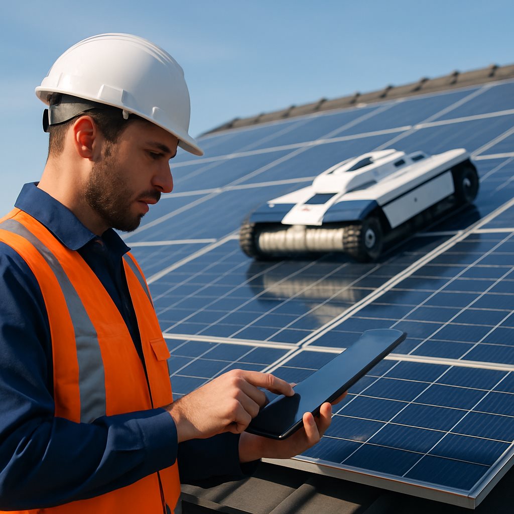 Technician monitoring a rooftop cleaning robot from the ground with a tablet