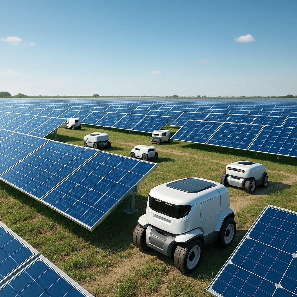 Large solar farm with autonomous maintenance robots and automation concept