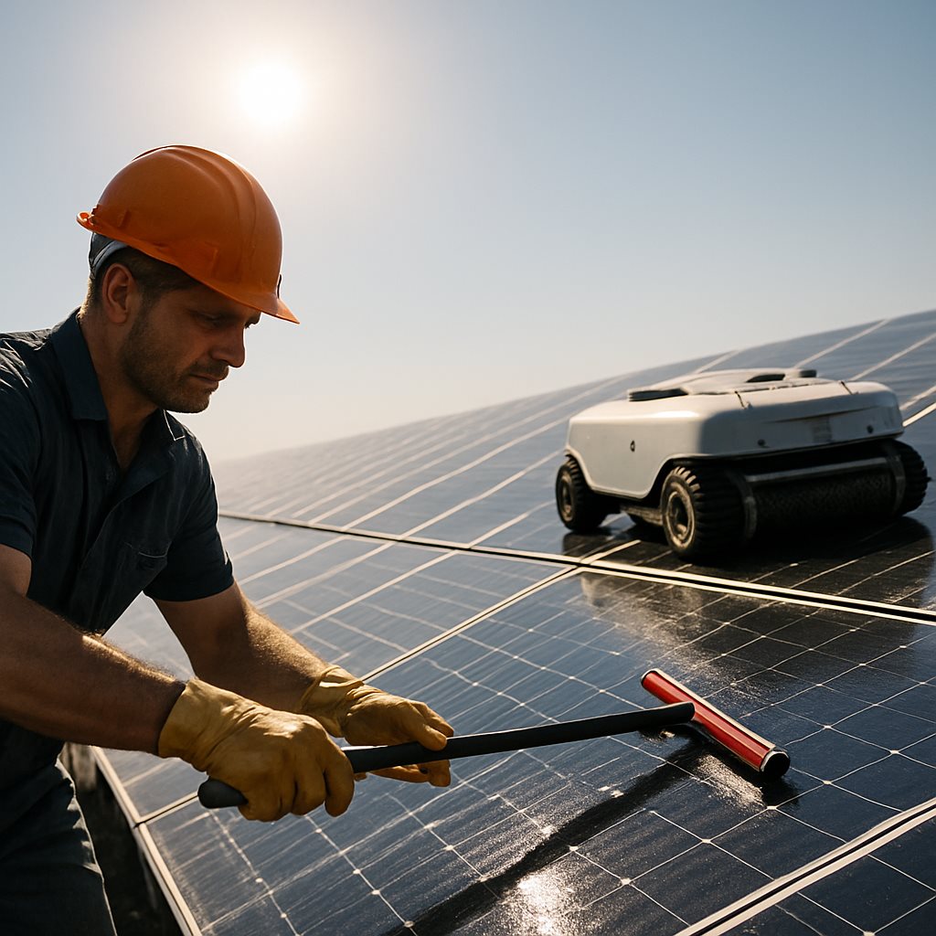 Worker manually cleaning solar panels beside an autonomous cleaning robot