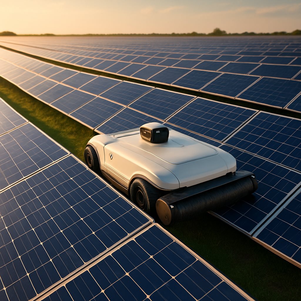 Autonomous cleaning robot integrated into a well-maintained solar farm