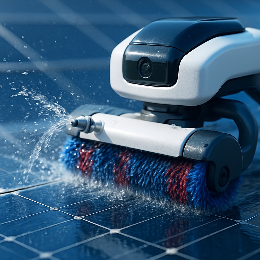 Close-up of a water-based solar cleaning robot cleaning a PV panel