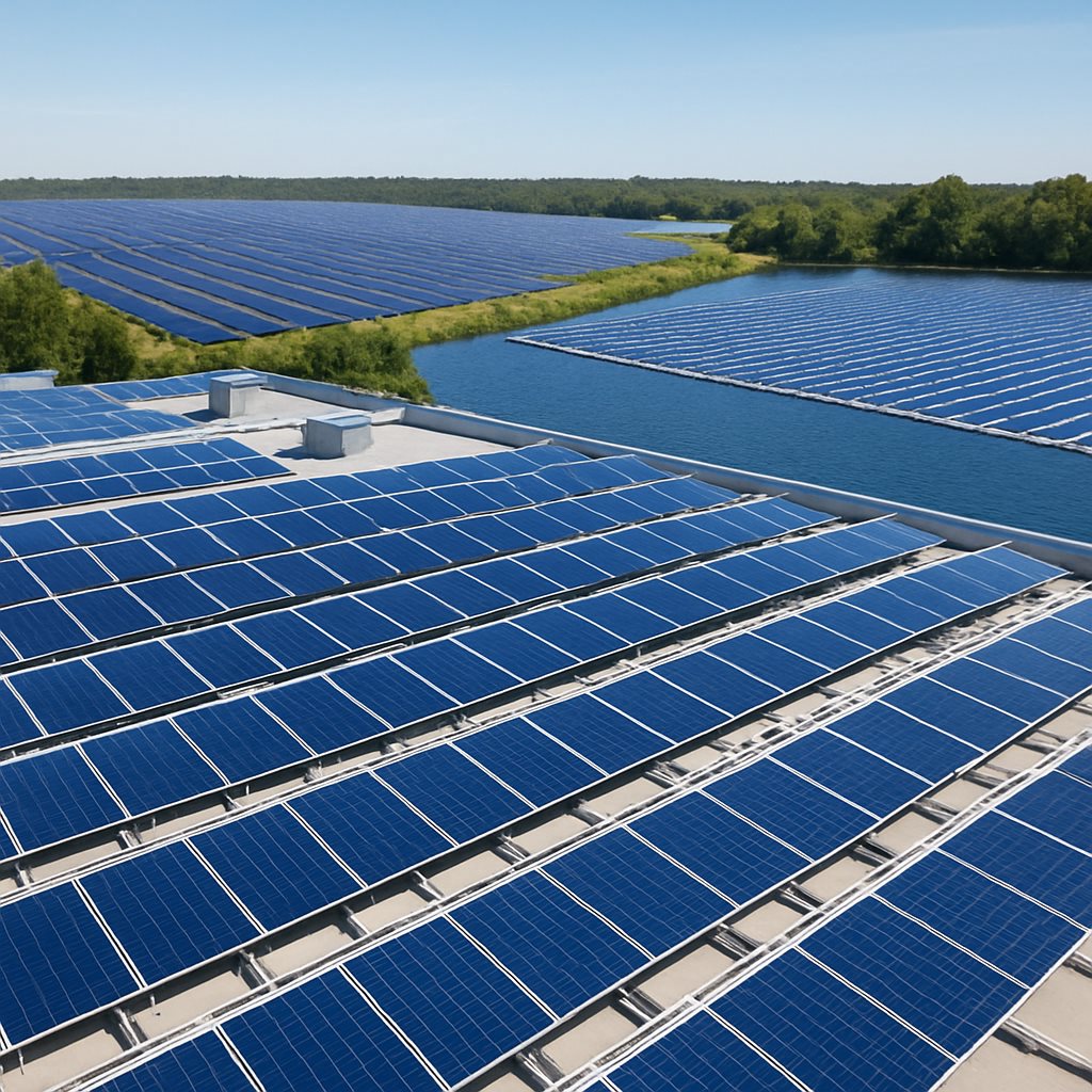Solar panels on a rooftop, a ground field, and a floating array