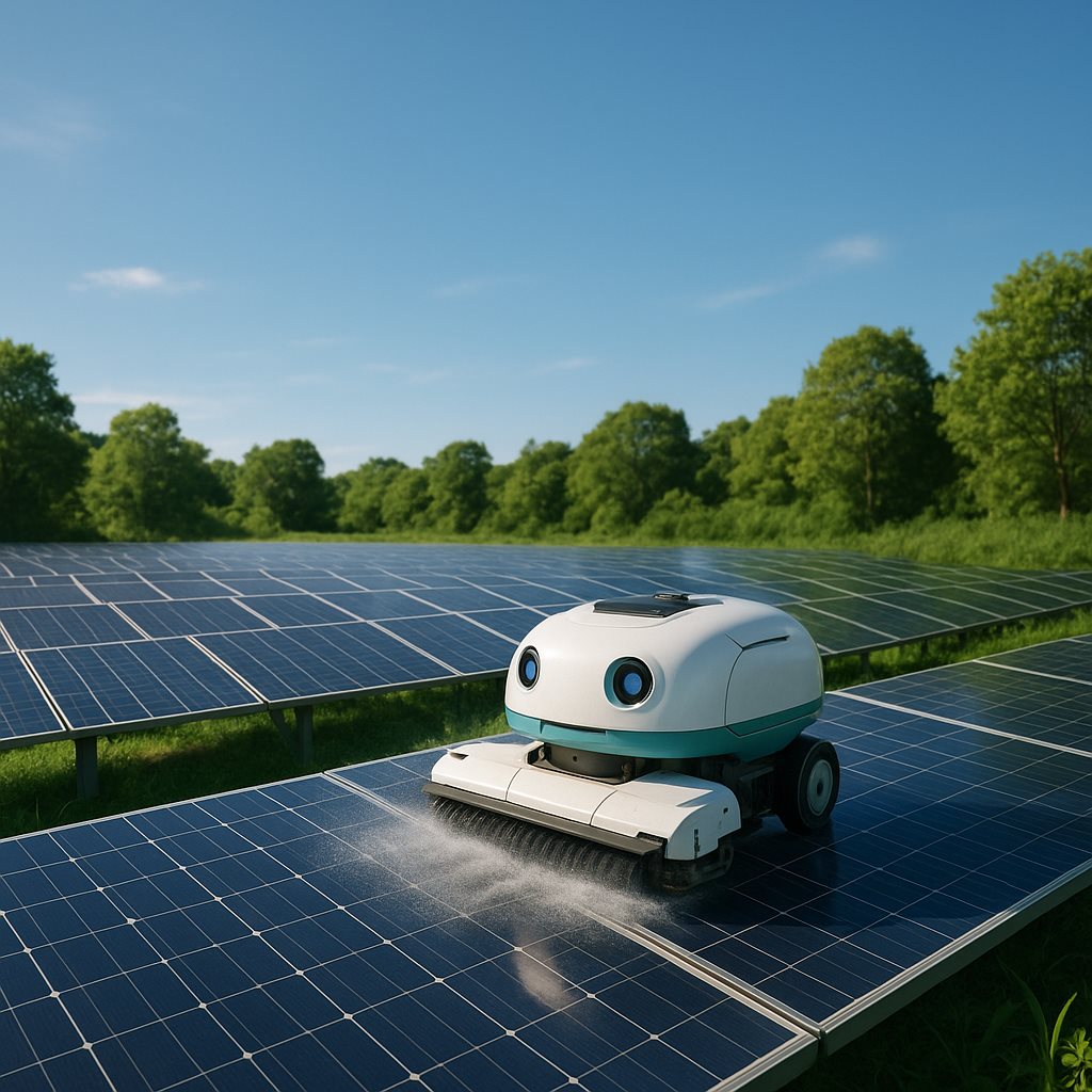 Water-based cleaning robot on solar panels in a green sustainable setting