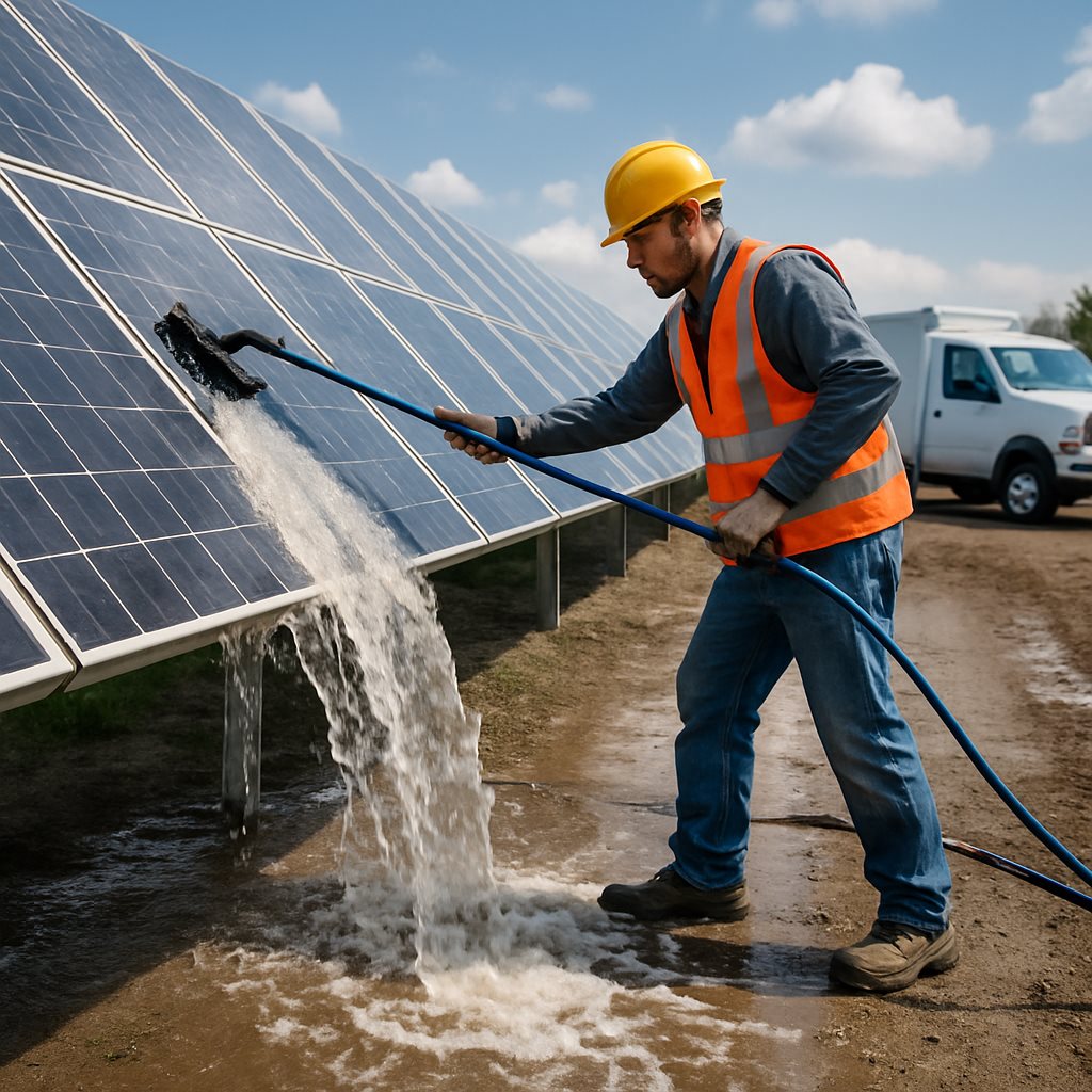 Manual solar cleaning with heavy water runoff and a support truck