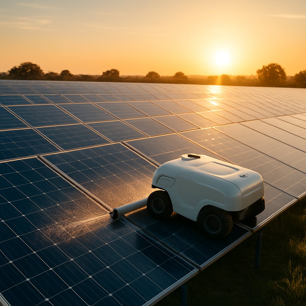 Pristine long-lasting solar panels cleaned by a water-based robot