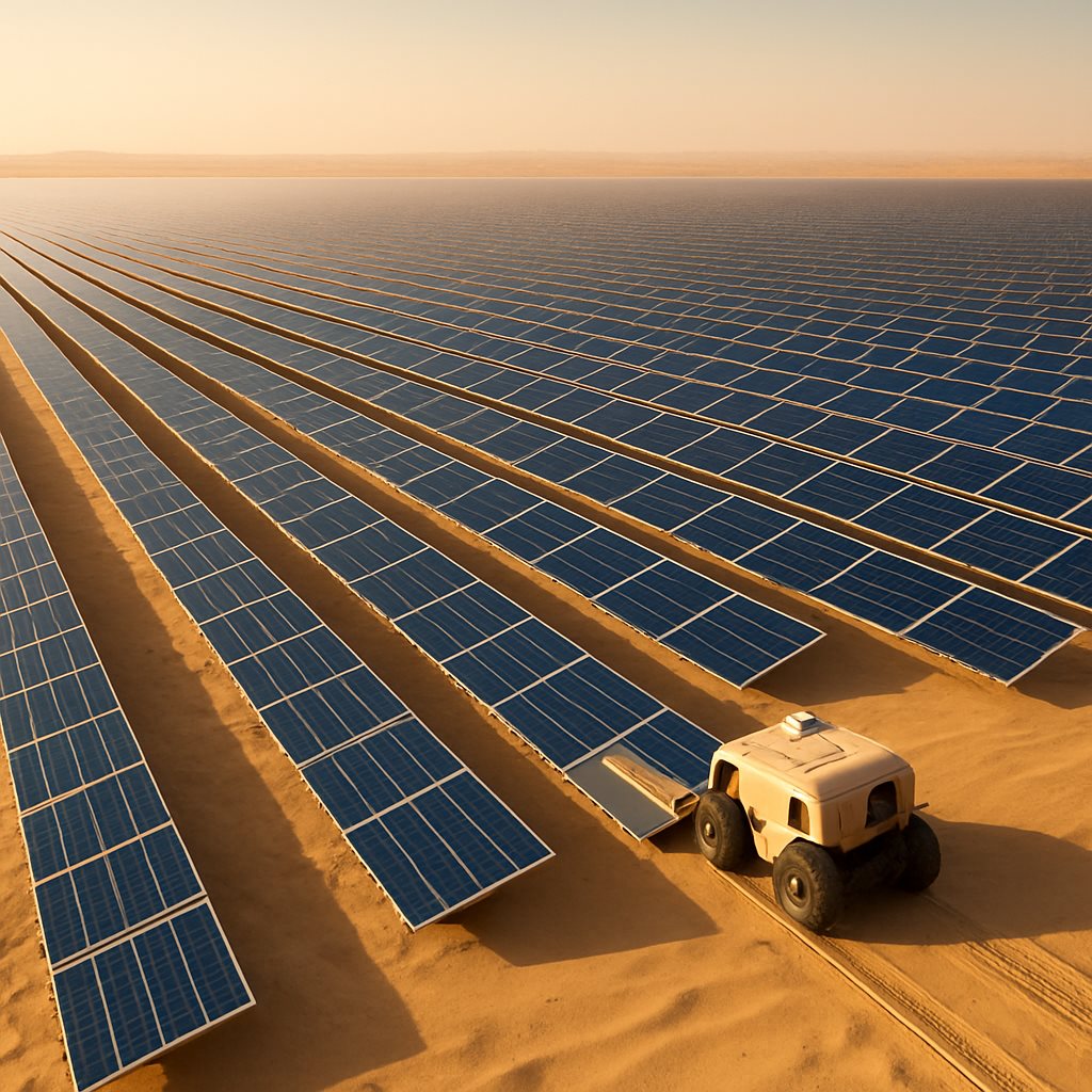 Large desert solar farm with an autonomous cleaning robot at work