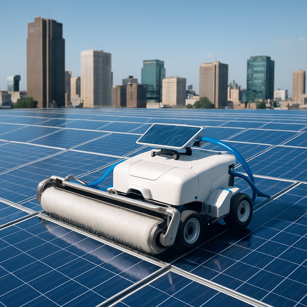 Water-powered cleaning robot on a commercial rooftop solar array