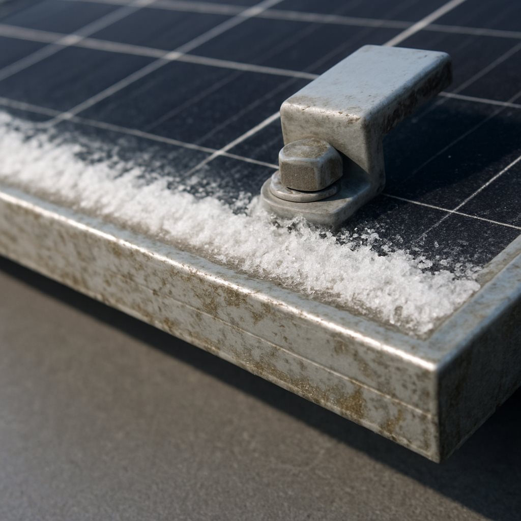 Salt residue and frame corrosion on a coastal solar panel