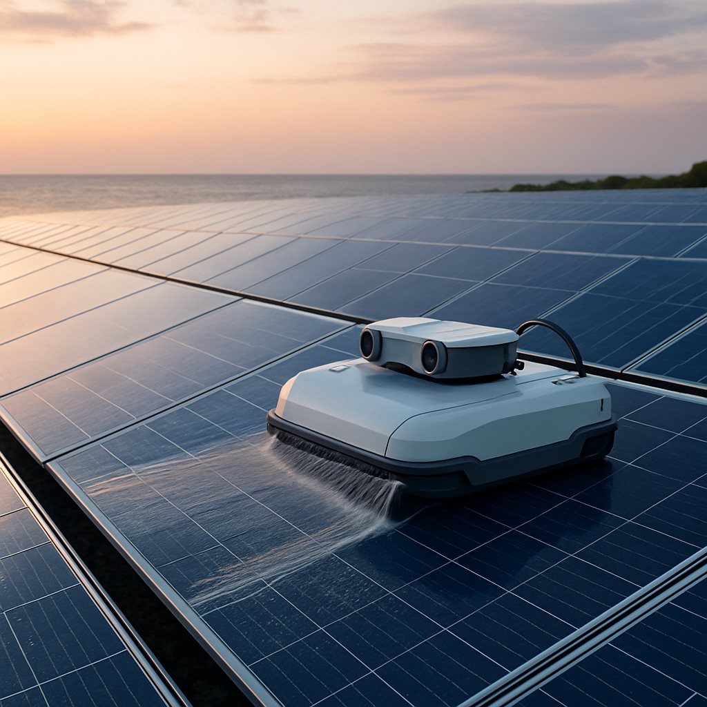 Water based cleaning robot rinsing salt from coastal solar panels