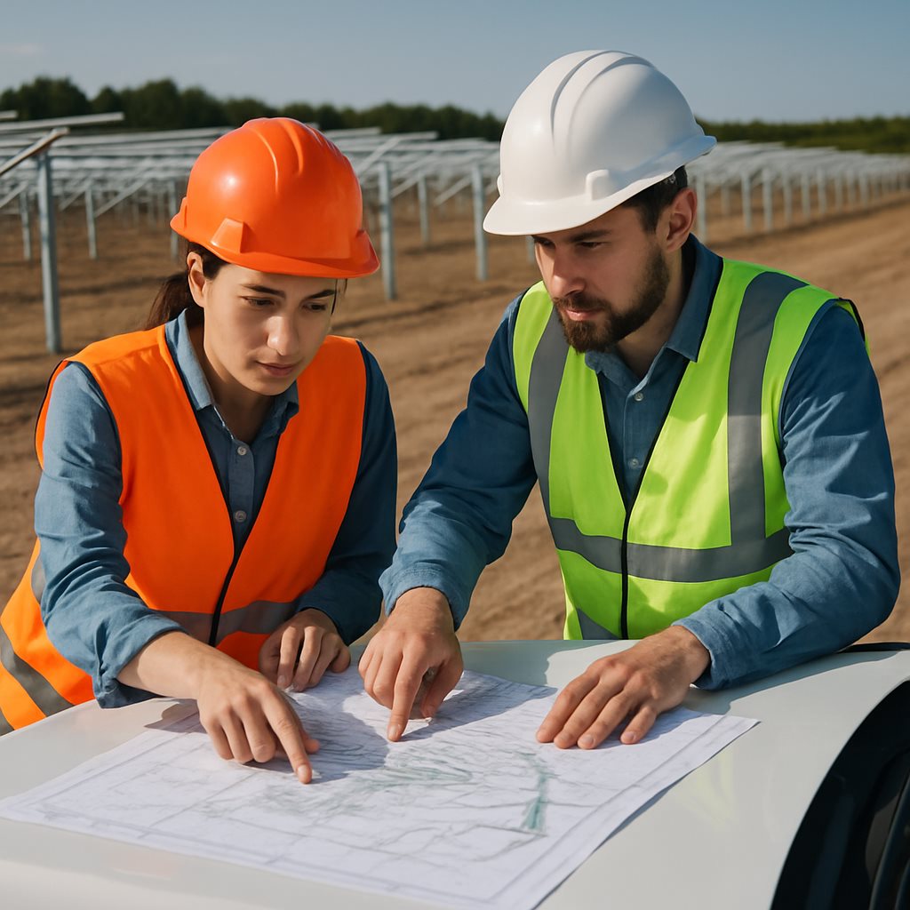 Engineers reviewing solar plant layout drawings for robotic cleaning access
