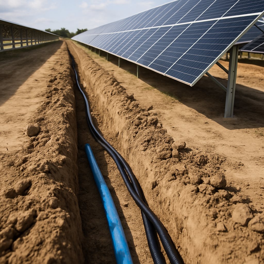 Water pipe and cable trench installed for a solar cleaning system
