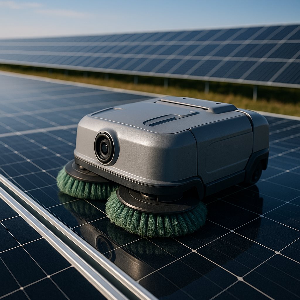 Solar panel cleaning robot brushing a module surface within warranty limits