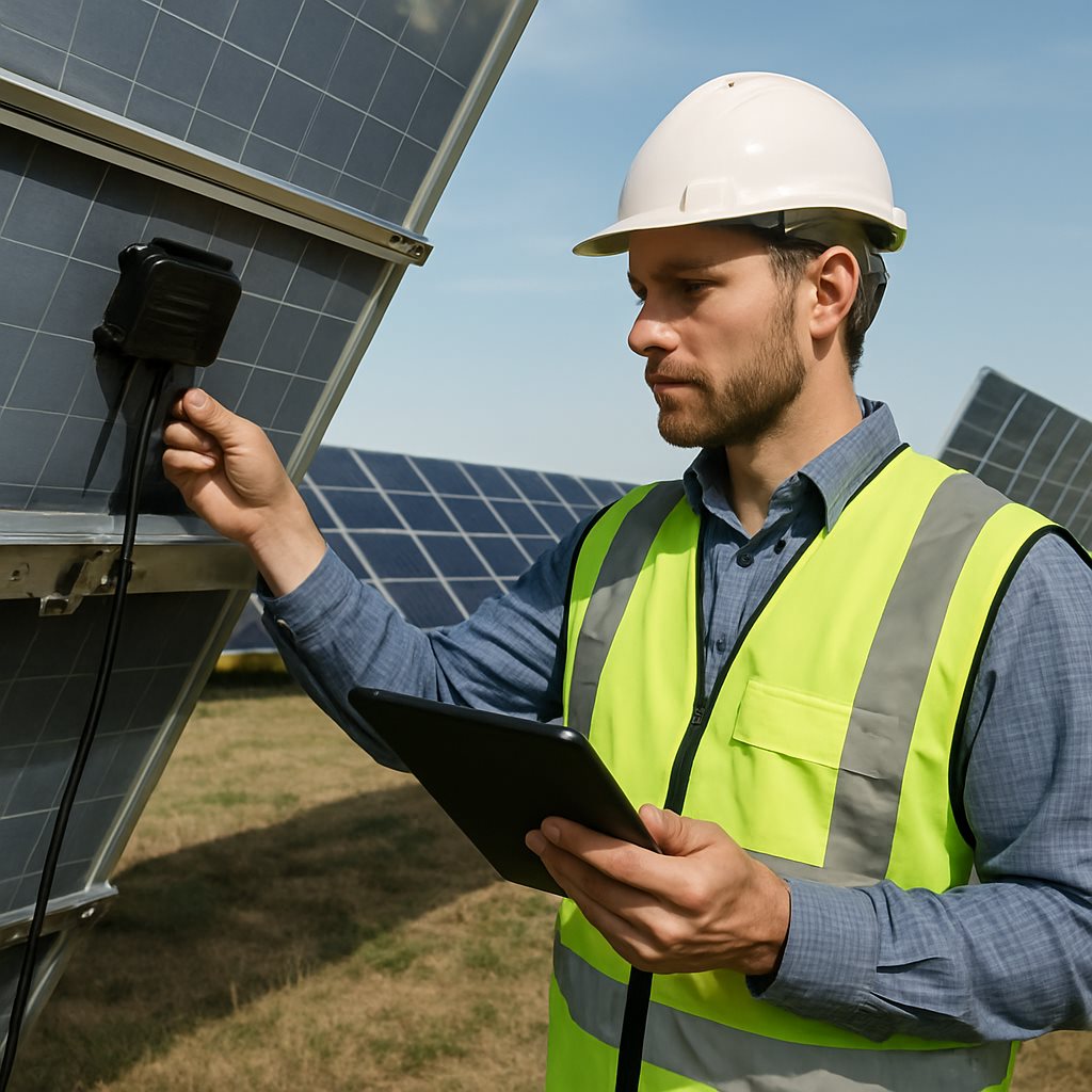 Engineer documenting solar module condition for warranty compliance