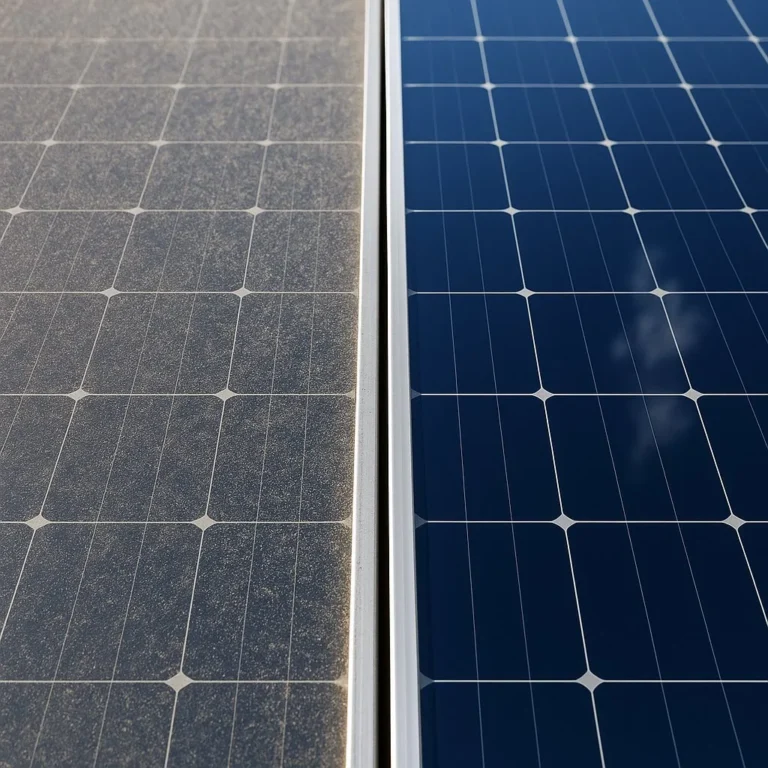 Dirty solar panel beside a clean panel showing energy loss from soiling