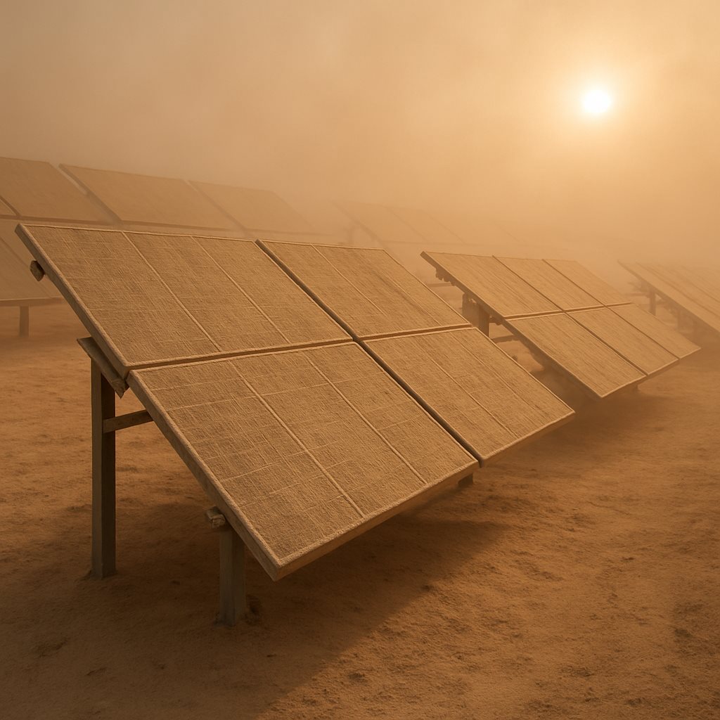 Desert solar panels covered in dust causing high soiling losses