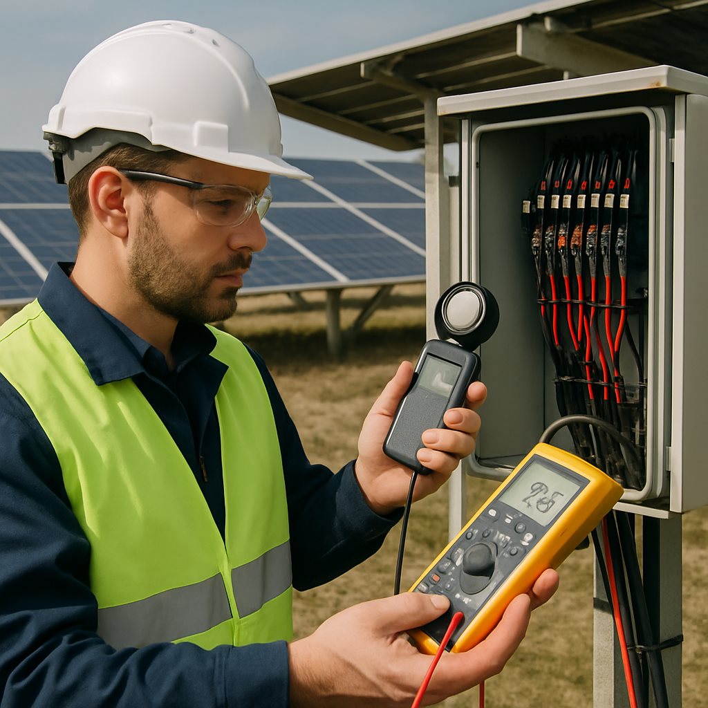 Technician measuring output loss from soiled solar panels