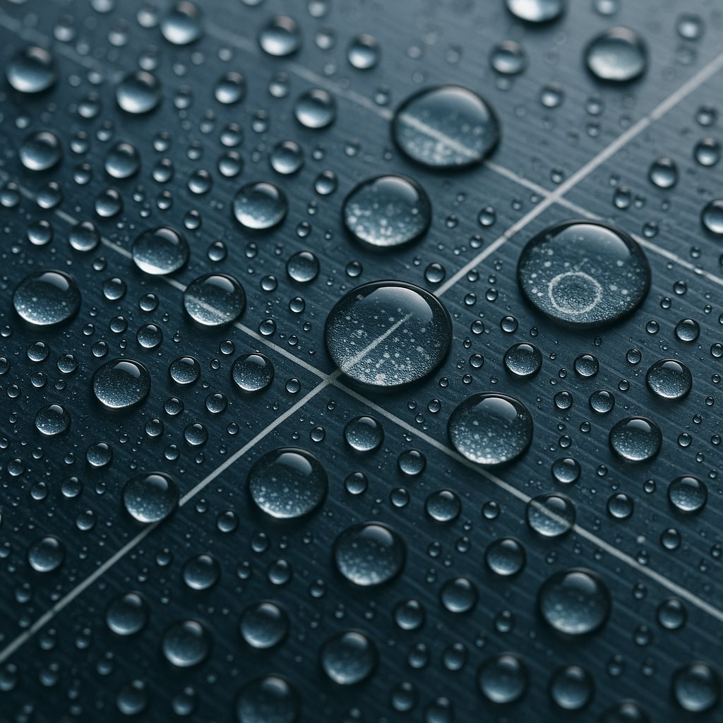 Water droplets and mineral spotting on a solar panel after cleaning